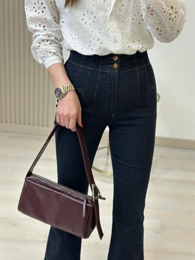 Yüksek Bel Likralı Pensli Jean Lacivert