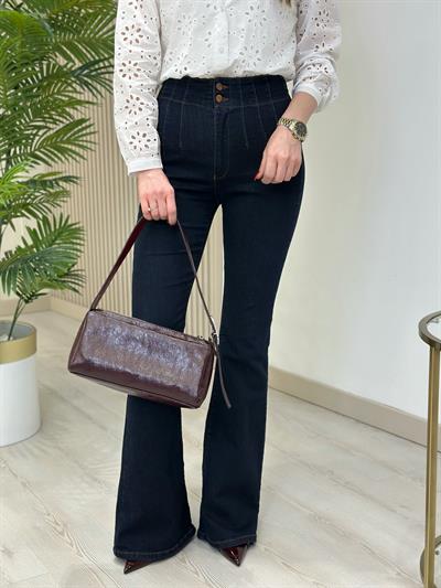 Yüksek Bel Likralı Pensli Jean Lacivert