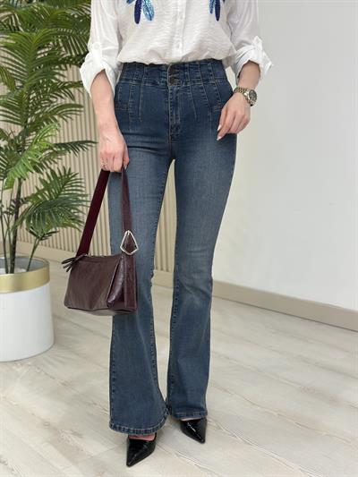 Yüksek Bel Likralı Pensli Jean Taşlanmış Mavi