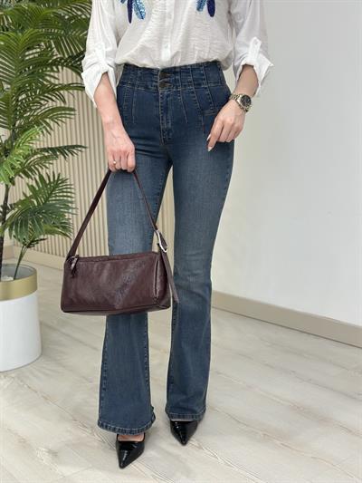 Yüksek Bel Likralı Pensli Jean Taşlanmış Mavi