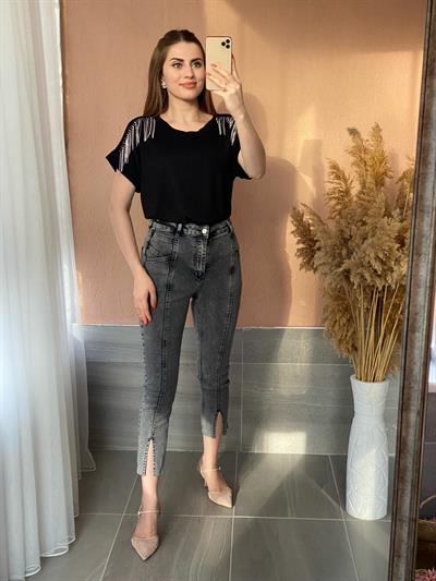 Yüksek Bel Şekillendirici Paçası Yırtmaç Detaylı Jean Taşlanmış Füme