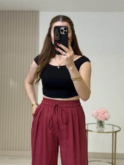 Yüksek Bel Tiril Pantolon Bordo