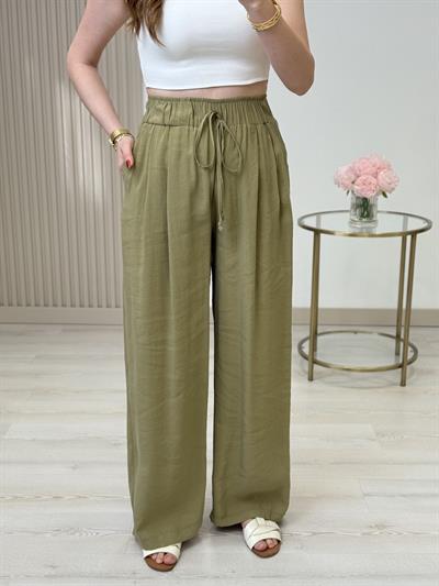 Yüksek Bel Tiril Pantolon Yağ Yeşili 