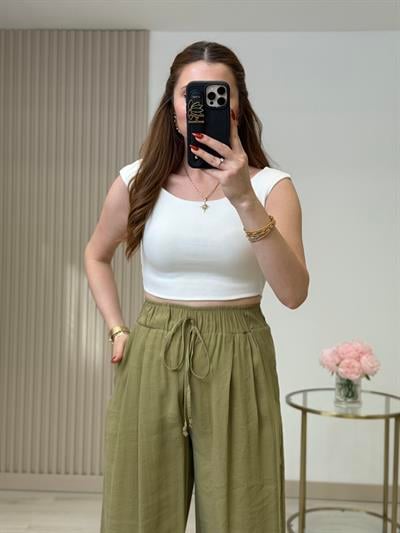 Yüksek Bel Tiril Pantolon Yağ Yeşili 