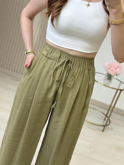 Yüksek Bel Tiril Pantolon Yağ Yeşili 