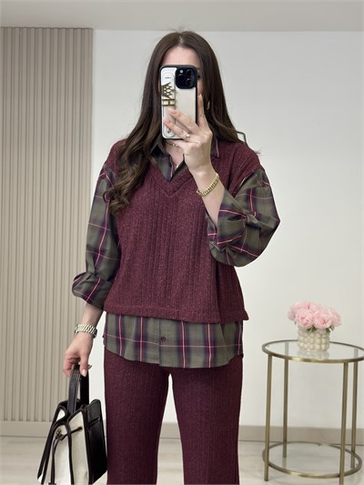 Yumoş Gömlek Detaylı Takım Bordo