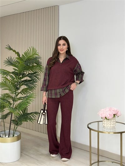 Yumoş Gömlek Detaylı Takım Bordo