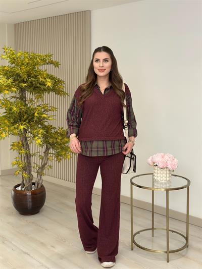 Yumoş Gömlek Detaylı Takım Bordo