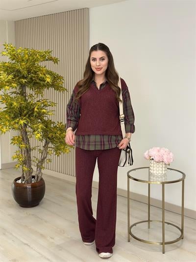 Yumoş Gömlek Detaylı Takım Bordo