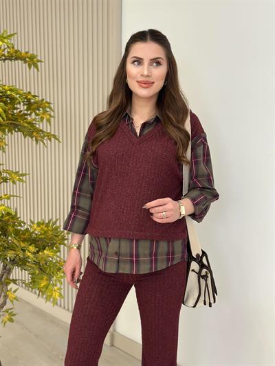 Yumoş Gömlek Detaylı Takım Bordo