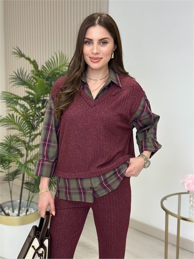 Yumoş Gömlek Detaylı Takım Bordo
