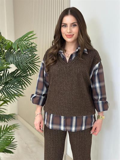 Yumoş Gömlek Detaylı Takım Kahve