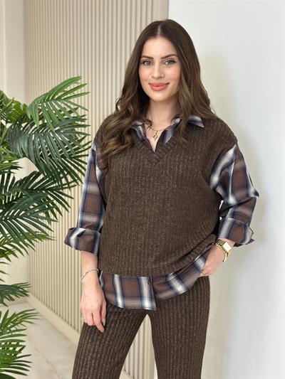 Yumoş Gömlek Detaylı Takım Kahve
