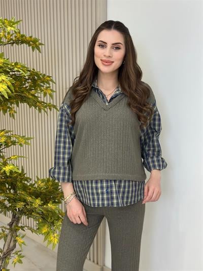Yumoş Gömlek Detaylı Takım Vizon