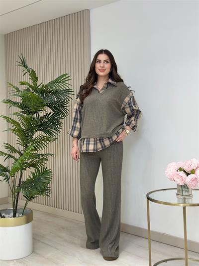 Yumoş Gömlek Detaylı Takım Vizon