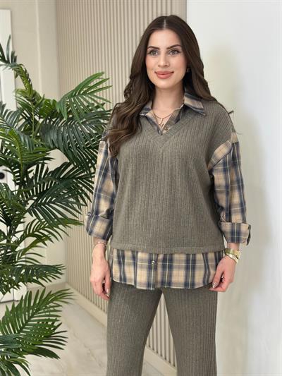 Yumoş Gömlek Detaylı Takım Vizon