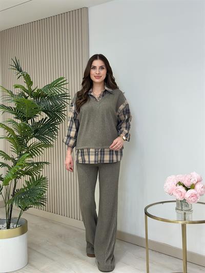 Yumoş Gömlek Detaylı Takım Vizon