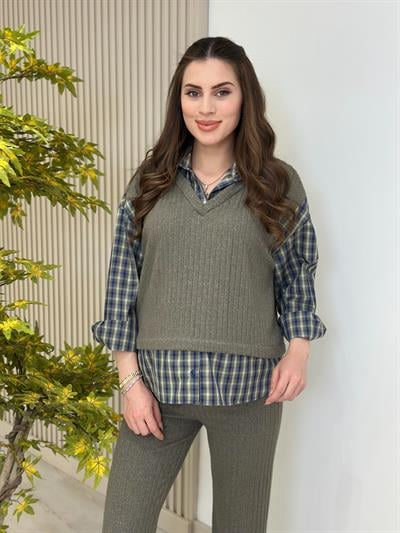Yumoş Gömlek Detaylı Takım Vizon