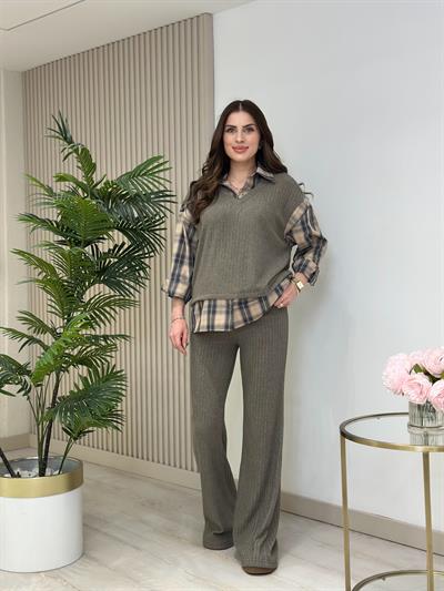 Yumoş Gömlek Detaylı Takım Vizon