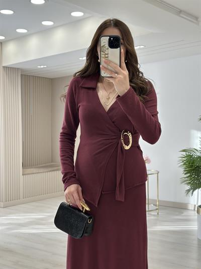Yumoş Kumaş Gold Tokalı Etekli Takım Bordo