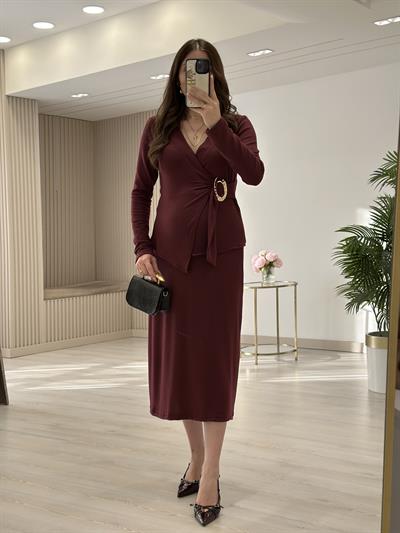 Yumoş Kumaş Gold Tokalı Etekli Takım Bordo