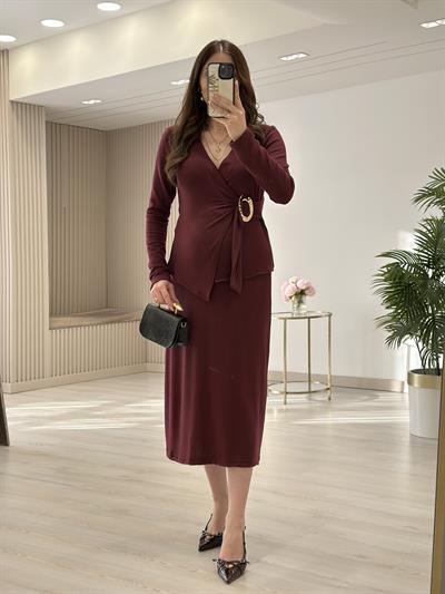 Yumoş Kumaş Gold Tokalı Etekli Takım Bordo