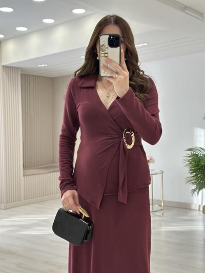 Yumoş Kumaş Gold Tokalı Etekli Takım Bordo