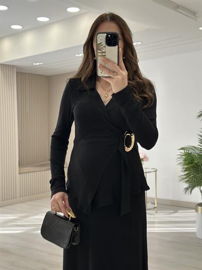 Yumoş Kumaş Gold Tokalı Etekli Takım Siyah