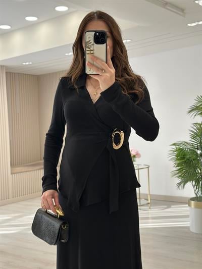 Yumoş Kumaş Gold Tokalı Etekli Takım Siyah