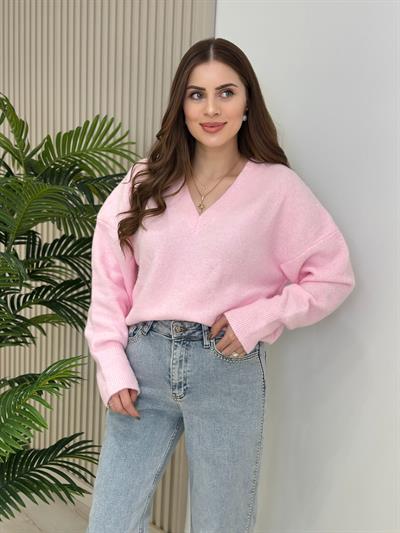 Yumoş V Yaka Kazak Pembe