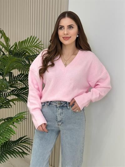 Yumoş V Yaka Kazak Pembe
