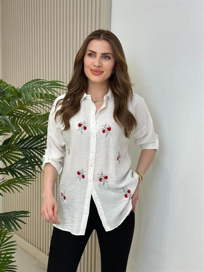 Zeytin Dalı Nakışlı Ayrobin Gömlek Beyaz