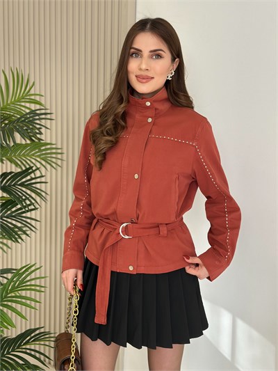 Zımba Detaylı Kuşaklı Gabardin Trençkot Kiremit