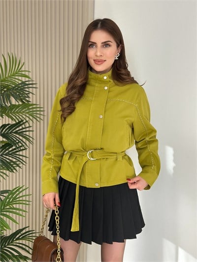Zımba Detaylı Kuşaklı Gabardin Trençkot Yağ Yeşili