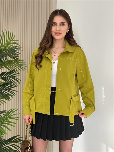 Zımba Detaylı Kuşaklı Gabardin Trençkot Yağ Yeşili