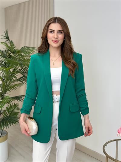 Zümrüt Yeşil Kolu Büzgü Detaylı Blazer Ceket