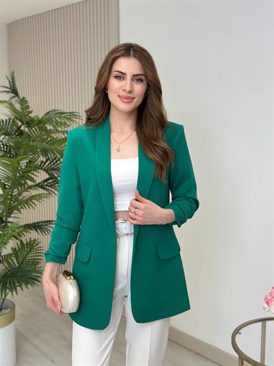 Zümrüt Yeşil Kolu Büzgü Detaylı Blazer Ceket