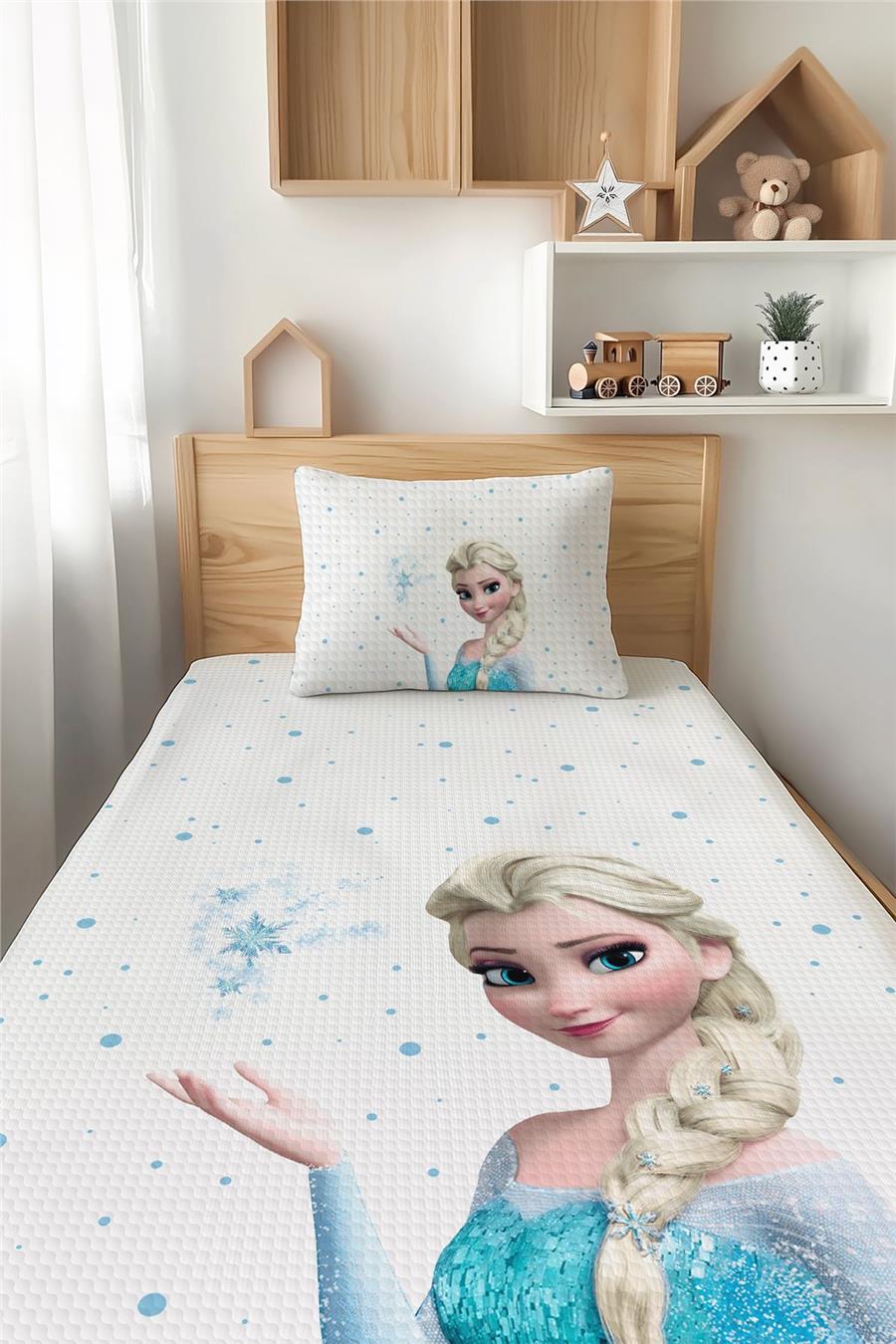 Karlar Ülkesi Mavi Elsa Desenli Tek Kişilik Çocuk Pike Takımı