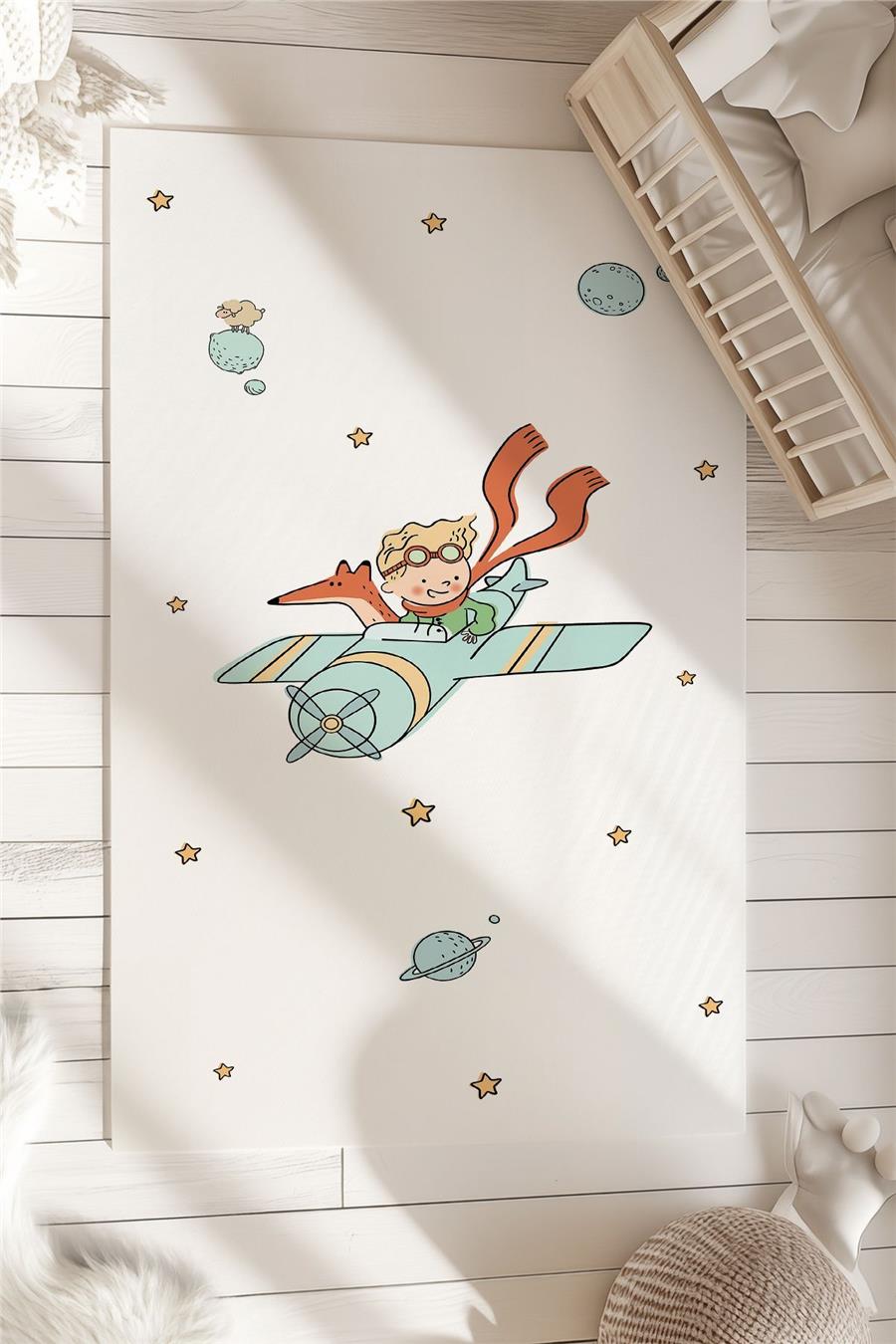 Küçük Prens Uçak Desenli  Çocuk Ve Bebek Odası Dekoratif Halı Tlh-308