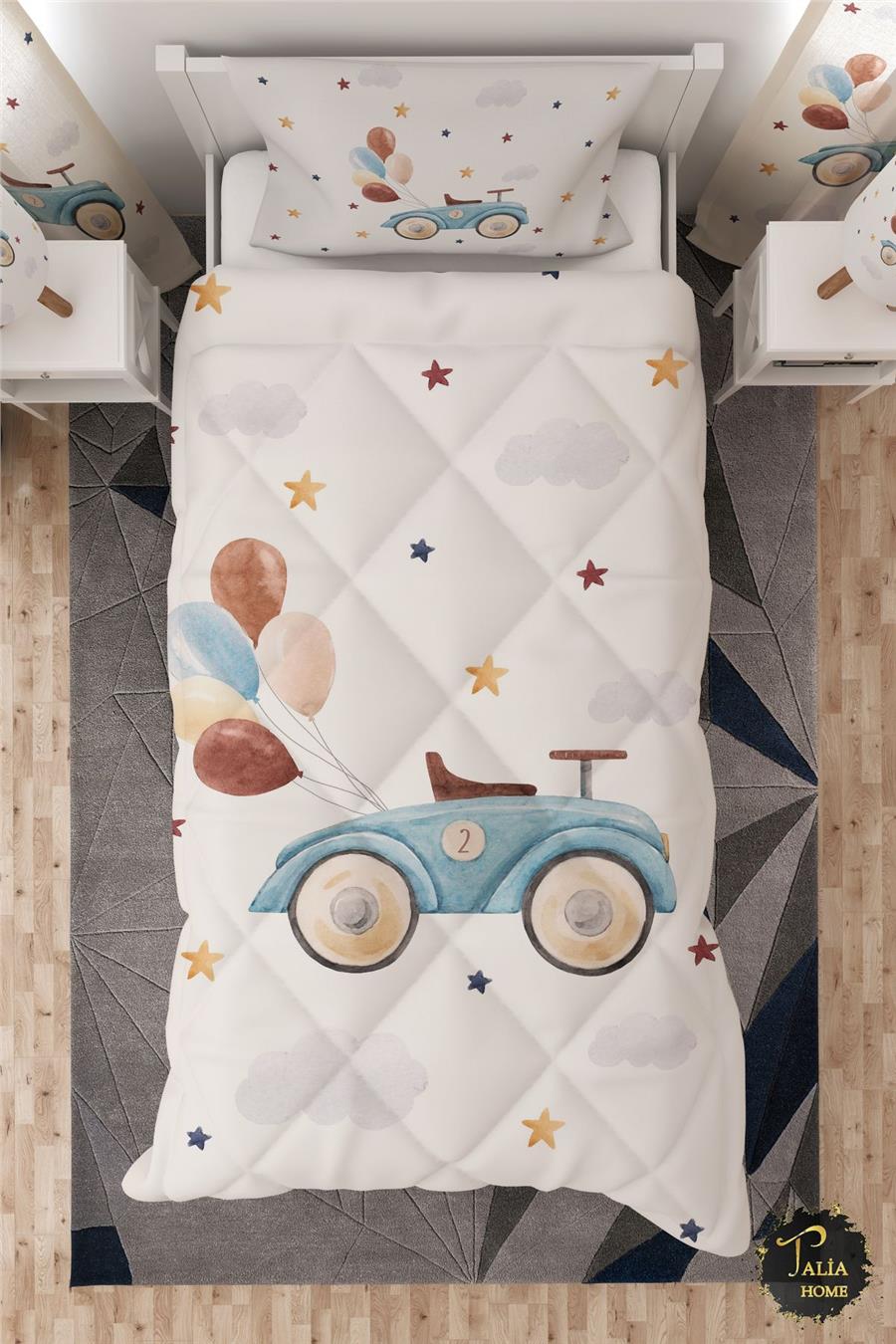 Sevimli Araba Ve Balonlar Desenli Tek Kişilik Çocuk Yorganı Uyku Seti