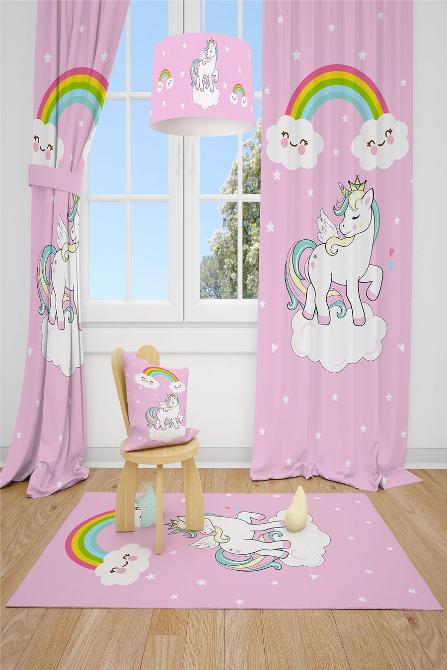 Unicorn Desenli Çocuk Odası Fon Perdesi 2 Kanat Tla-170