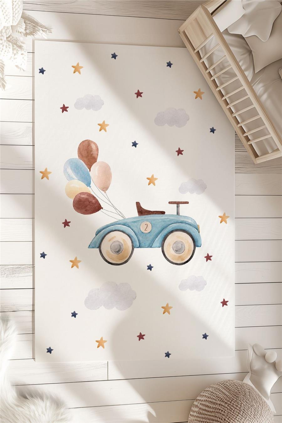 Araba Ve Balon Desenli  Çocuk Ve Bebek Odası Dekoratif Halı Tlh-304