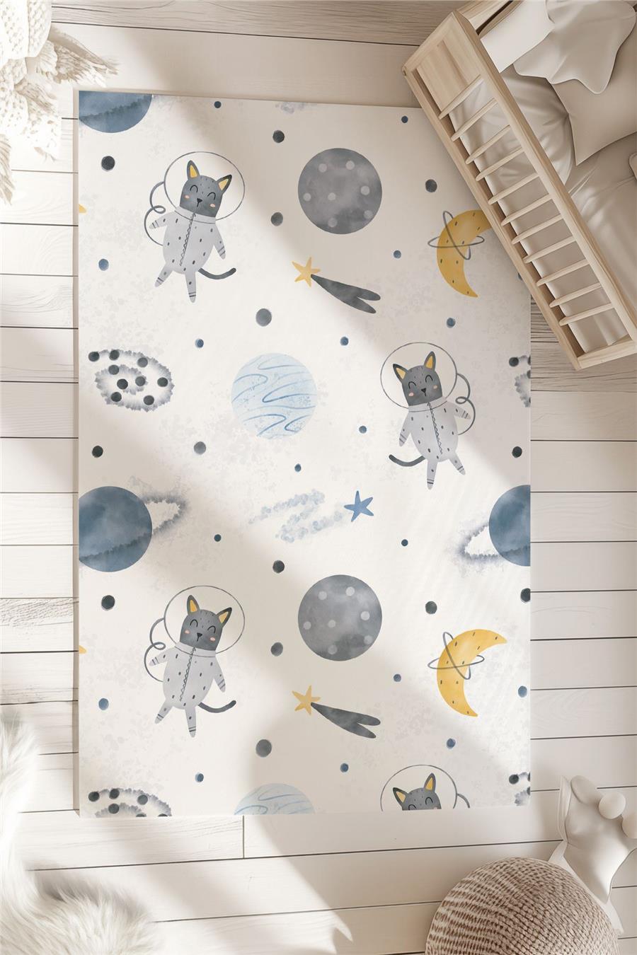 Astronot Kedi Uzay Desenli  Çocuk Ve Bebek Odası Dekoratif Halı Tlh-310
