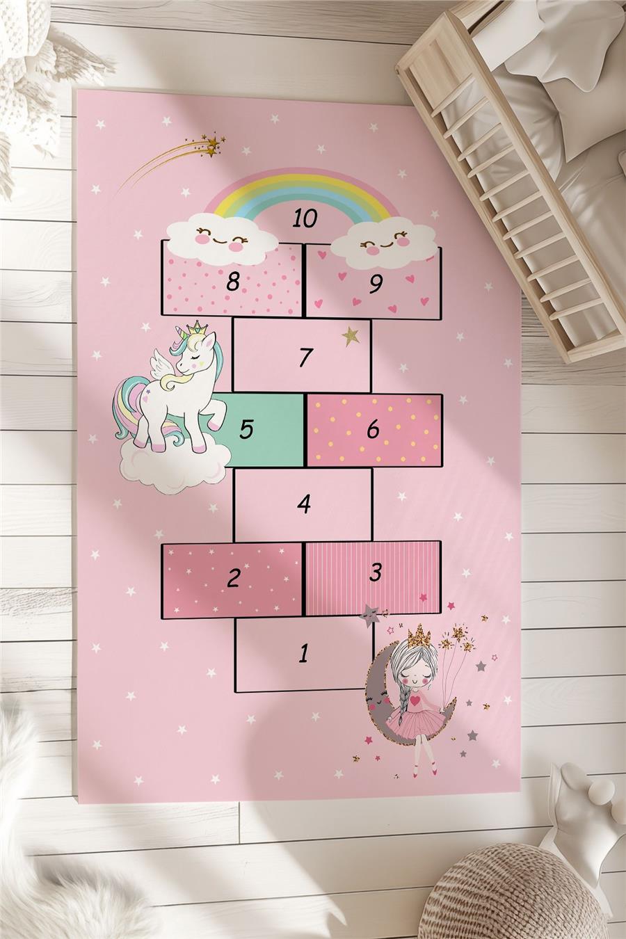 Ay'Da Oturan Kız Pembe Desenli  Çocuk Ve Bebek Odası Dekoratif Halı Tlh-280