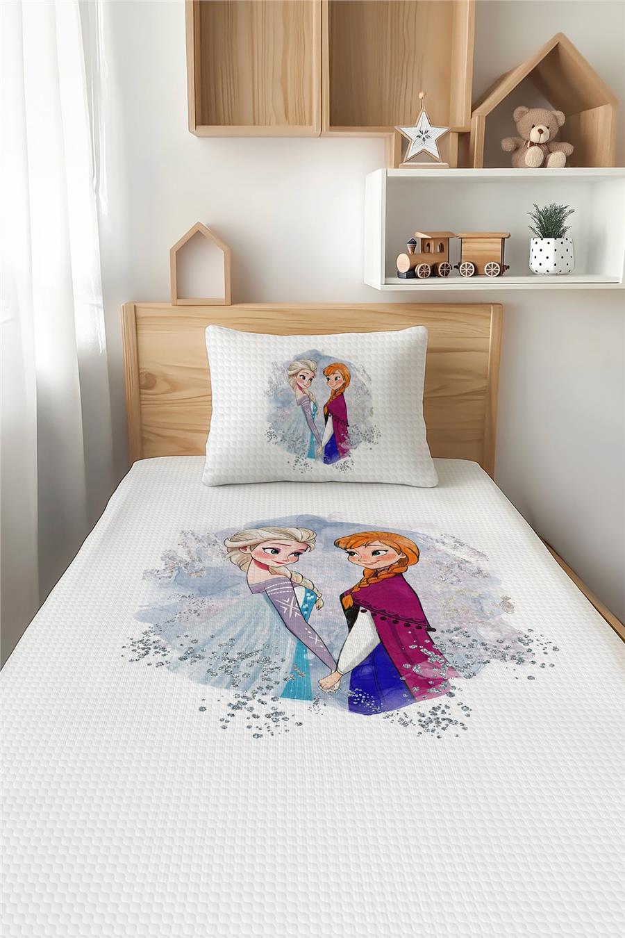 Frozen Elsa Ve Anna Desenli Tek Kişilik Çocuk Pike Takımı Tlap-306