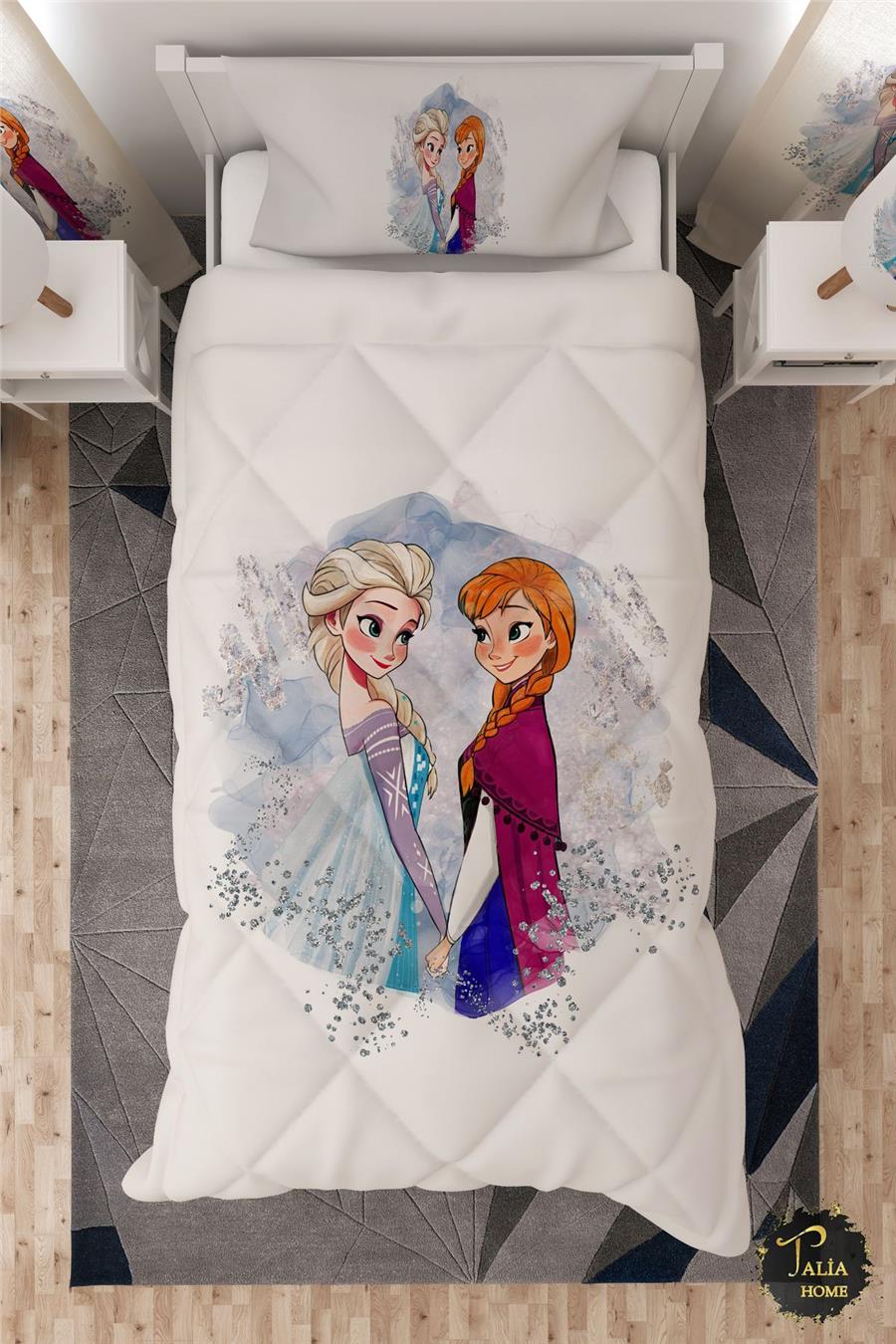 Frozen Elsa Ve Anna Desenli Tek Kişilik Çocuk Yorganı Uyku Seti