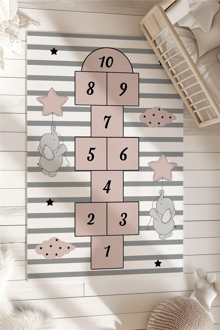 Gri Fil Desenli Çocuk Ve Bebek Odası Dekoratif Halı Tlh-133