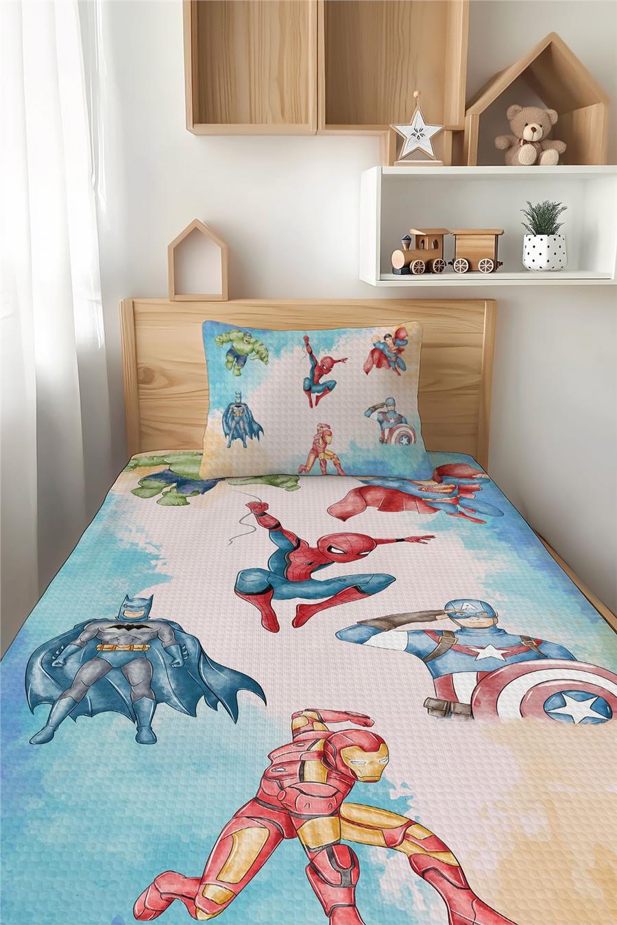 Marvel Süper Kahramanlar Desenli Tek Kişilik Çocuk Pike Takımı