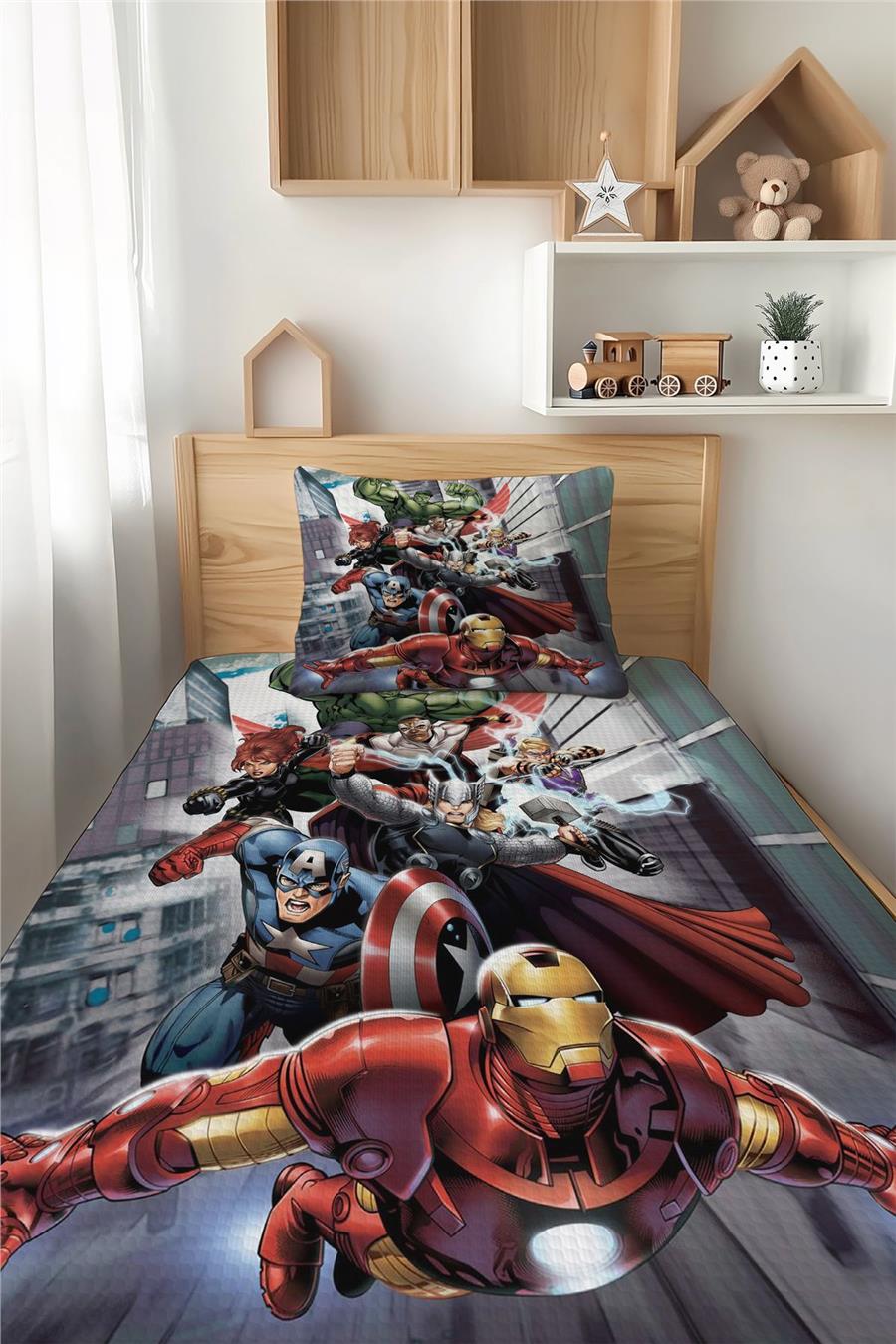 Marvel Süperkahramanlar Desenli Tek Kişilik Çocuk Pike Takımı Tlap-302