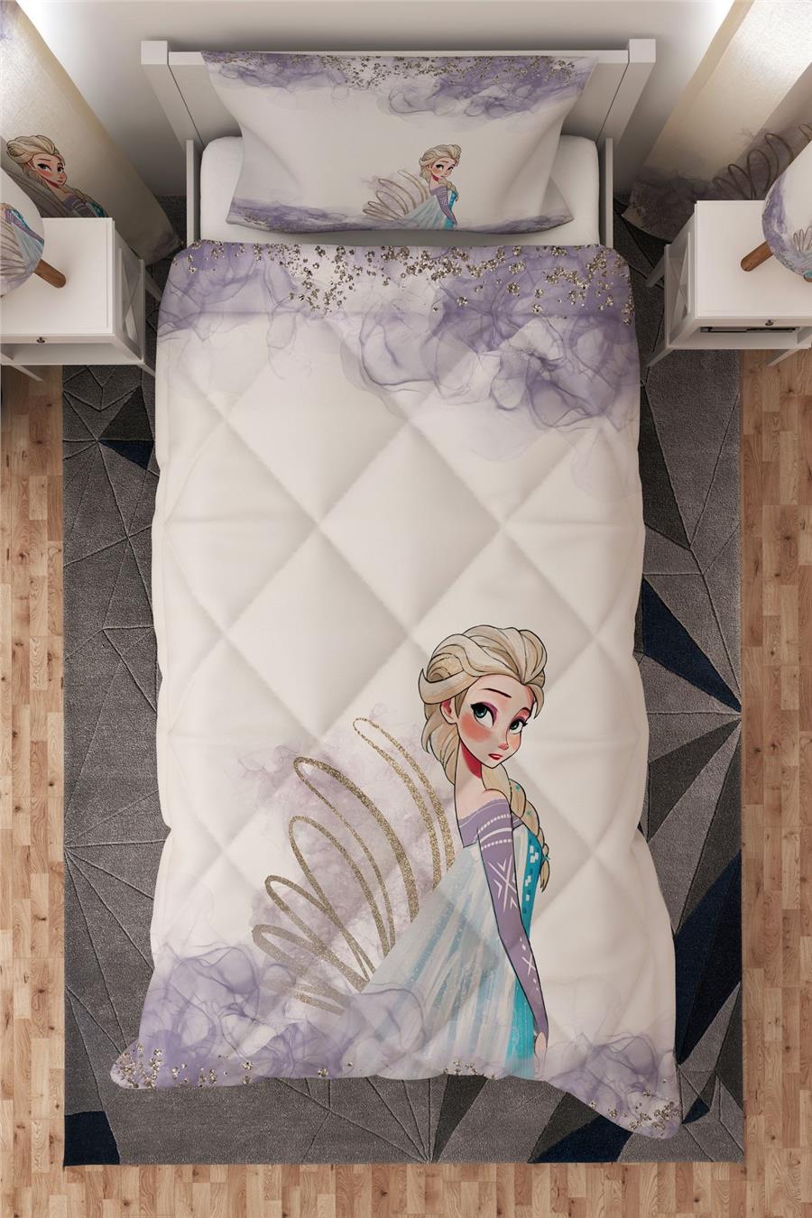 Pastel Renk Elsa Desenli Tek Kişilik Çocuk Yorganı Uyku Seti